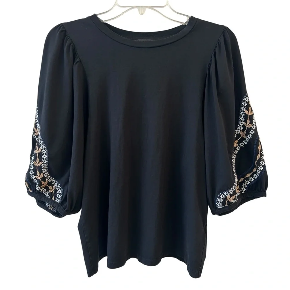 Banana Republic Black Blouse with Embroidered Puff Sleeves